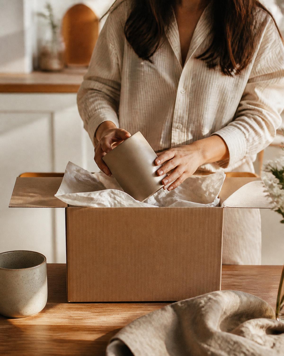 Person unboxing a plain premium parcel on a kitchen table in morning light