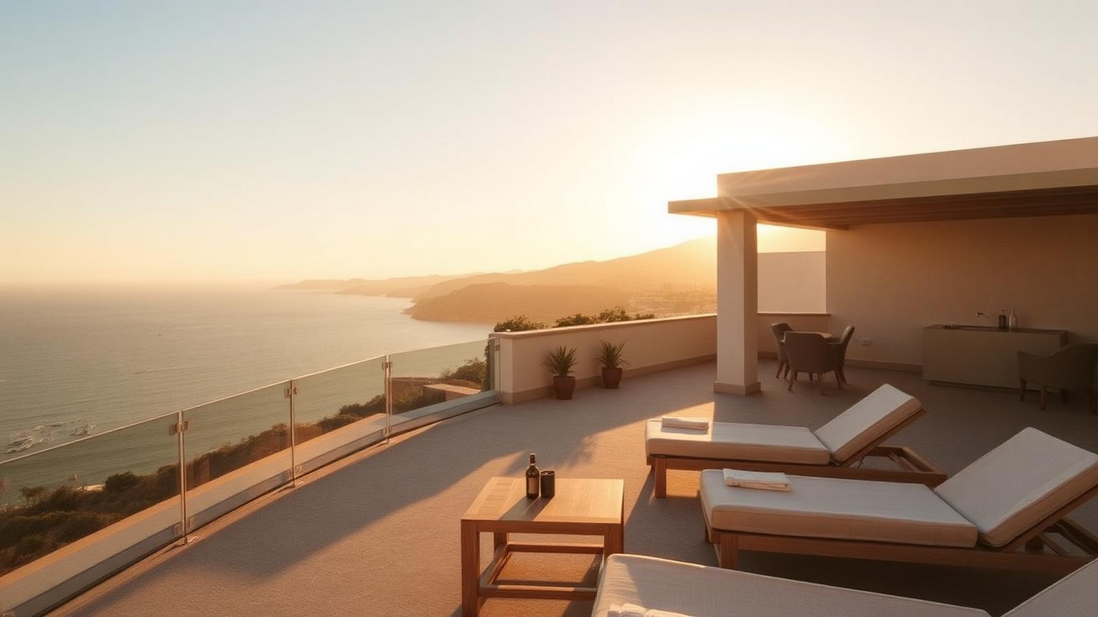 Boutique hotel terrace overlooking the Mediterranean at golden hour