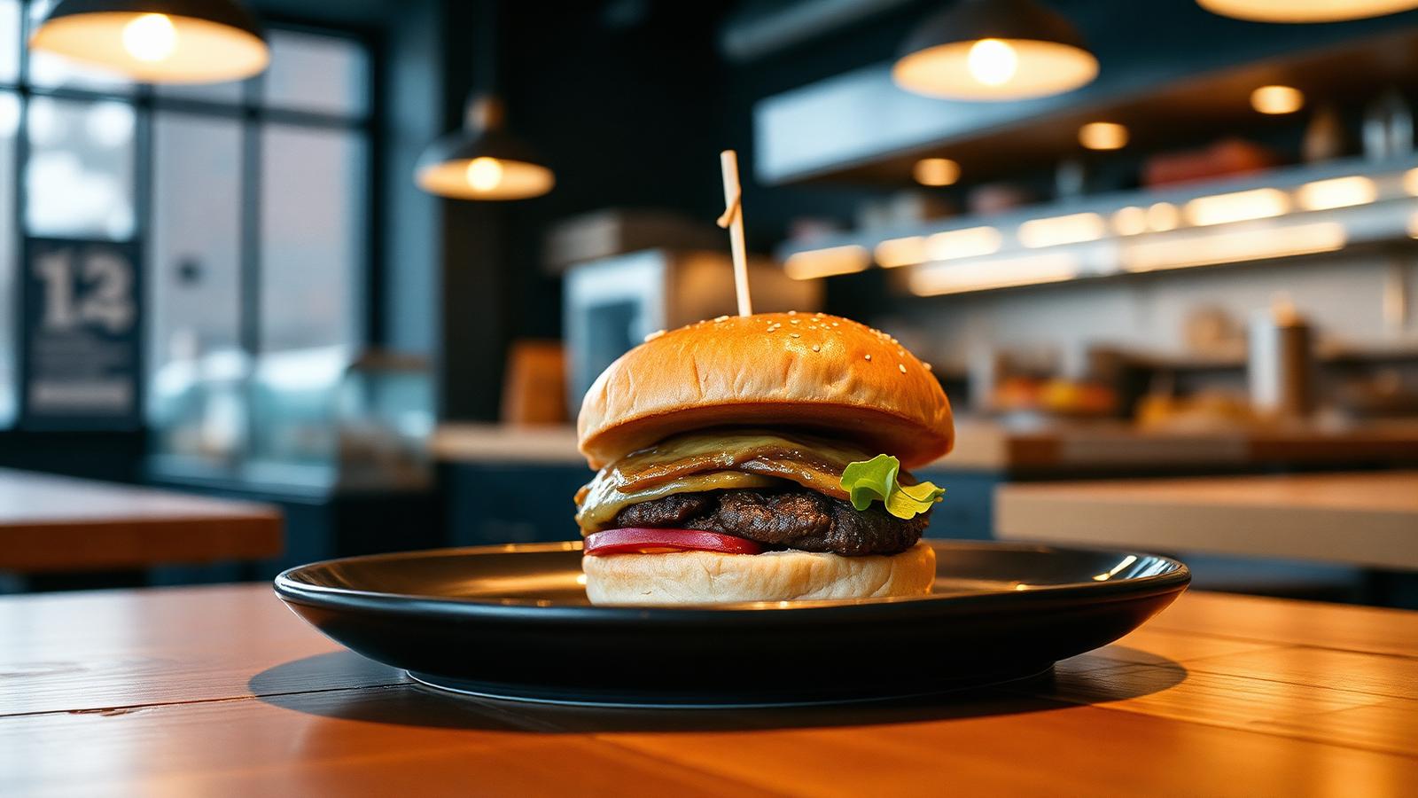 Craft burger plated on dark ceramic on a wooden counter in a casual restaurant